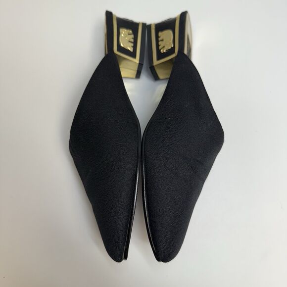 Vintage Coup D’etat Black Fabric Upper Gold Elephant Heel Slip On Mules Sz 7.5 - Picture 4 of 9